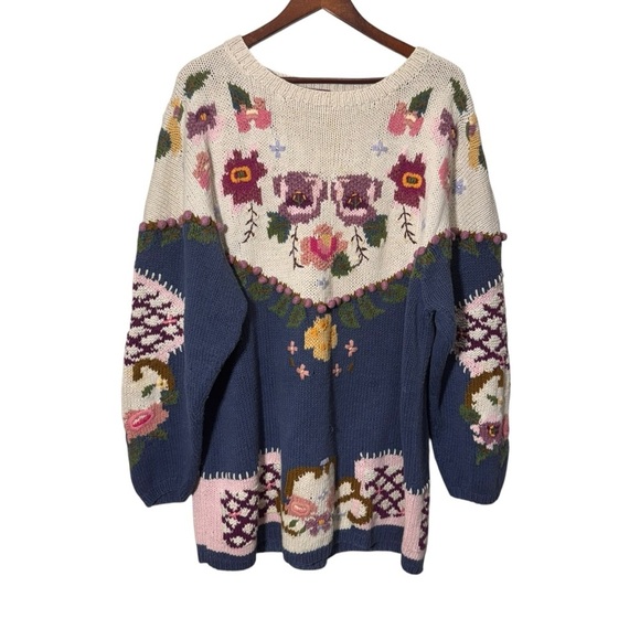 Vintage Bronte Knitted by Hand Cottagecore Granny Floral Sweater Size Large - Picture 2 of 16